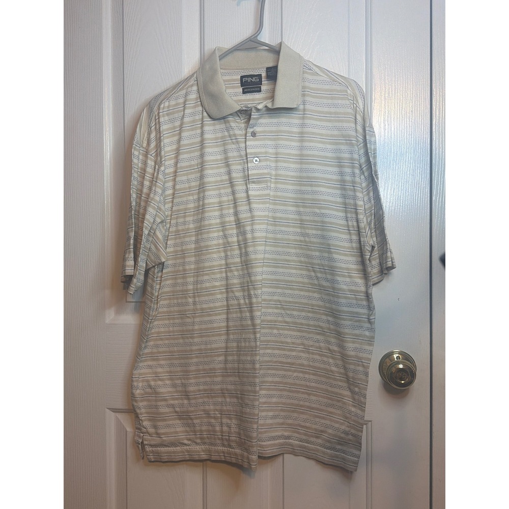 Ping Collection Mens Large Mercerized Cotton Striped‎ Golf Polo Shirt Tan Navy